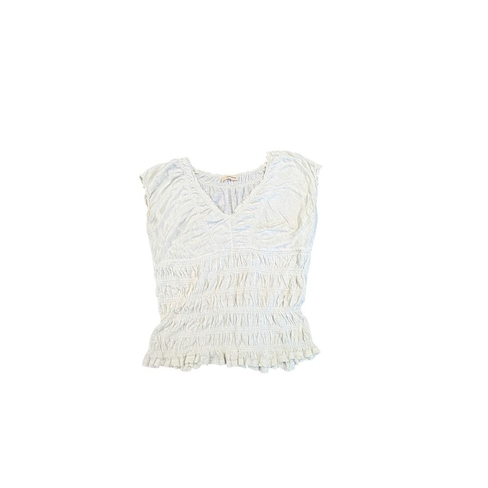 DKNY Womens White Smocked V-Neck Sleeveless‎ Ruffle Hem Top M/L NO SIZE TAG